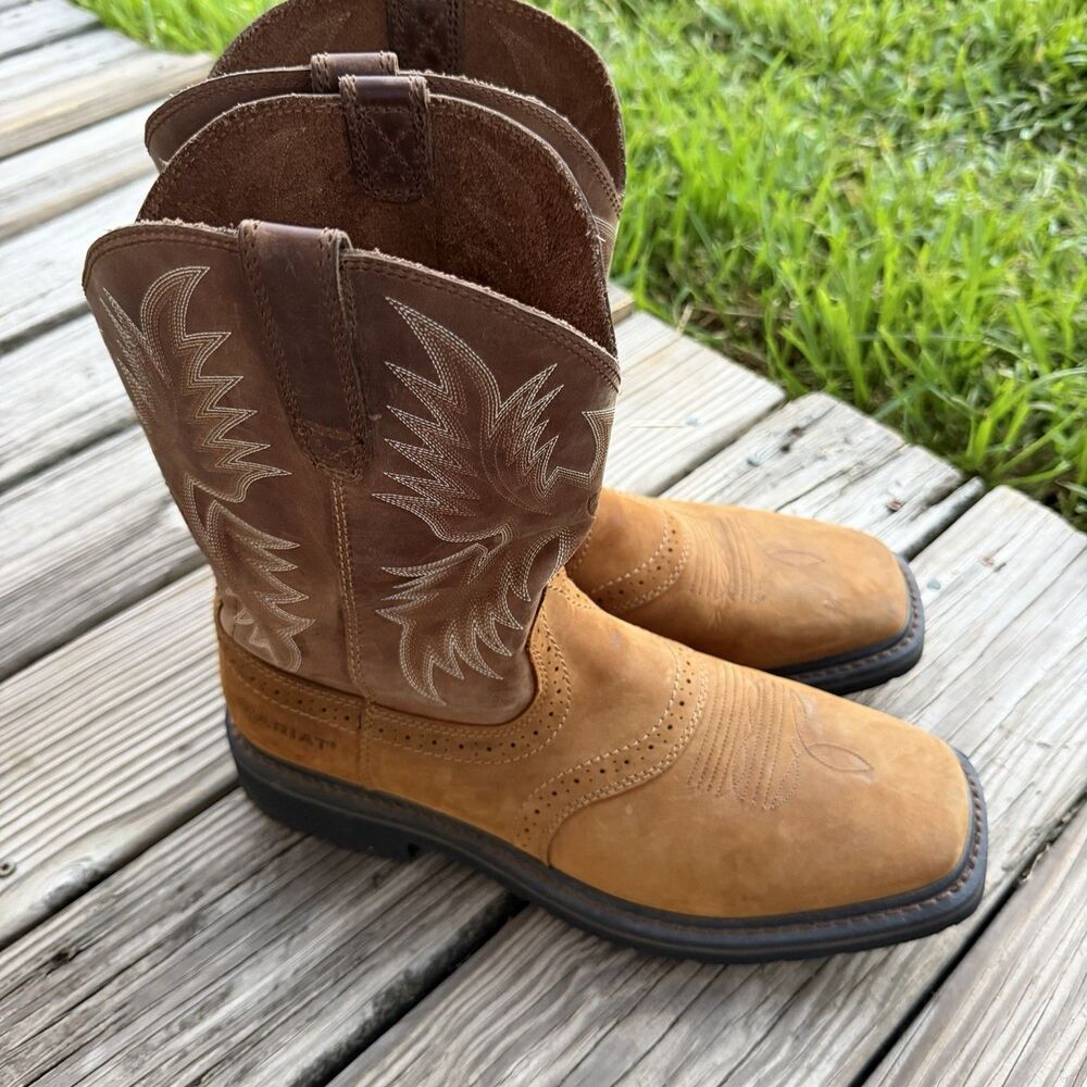 Ariat Workhog Mens Western Square Toe Pull-On Boots Brown Tan 11.5D 10010148